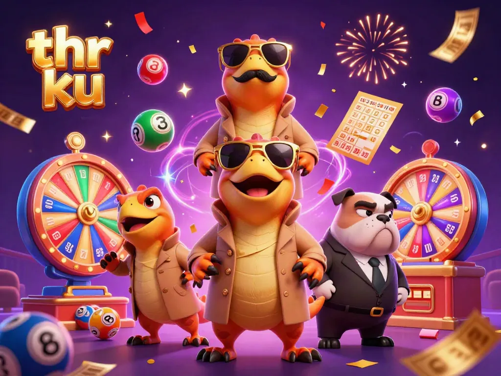 Join the action at thr ku with raptors in disguise entering a casino, filled with colorful lottery elements.