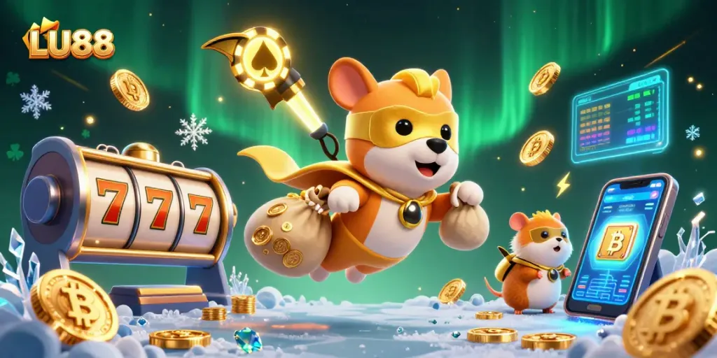 LU88 online casino scene featuring a superhero dog and hamster among slot reels and crypto coins.