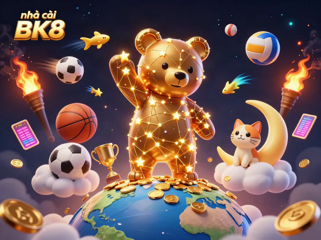 Engage with the excitement of nhà cái BK8 as a constellation bear reaches for gold coins while shooting star fish create a lively atmosphere.