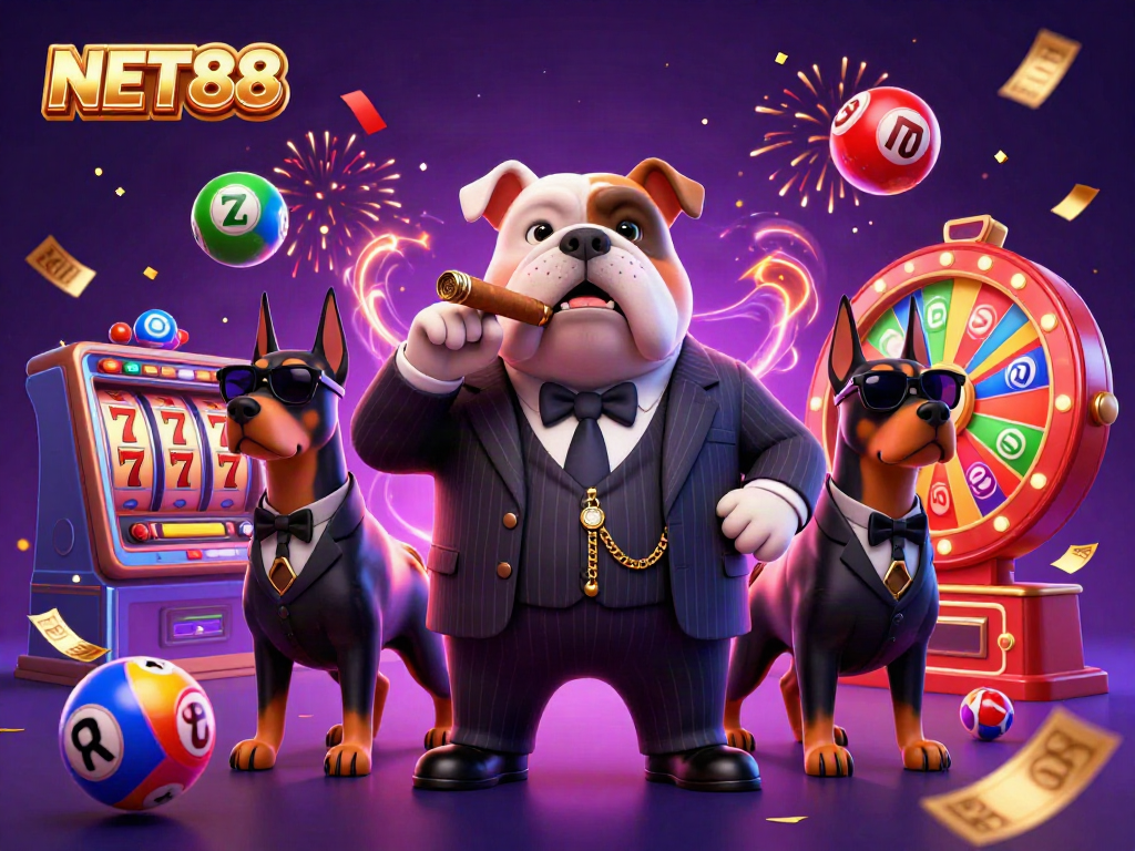 Experience NET88's colorful casino scene with a mafia bulldog and lively game elements.