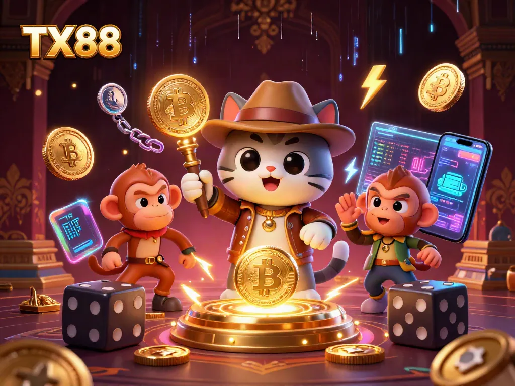 TX88 cat explorer uncovers golden casino artifact amid vibrant crypto elements.