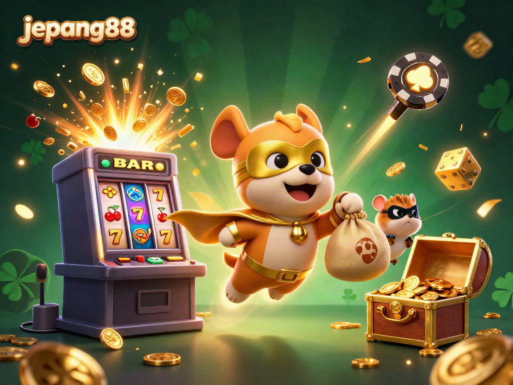 Experience exciting gameplay at Jepang88 with this vibrant illustration featuring a superhero dog and casino elements.