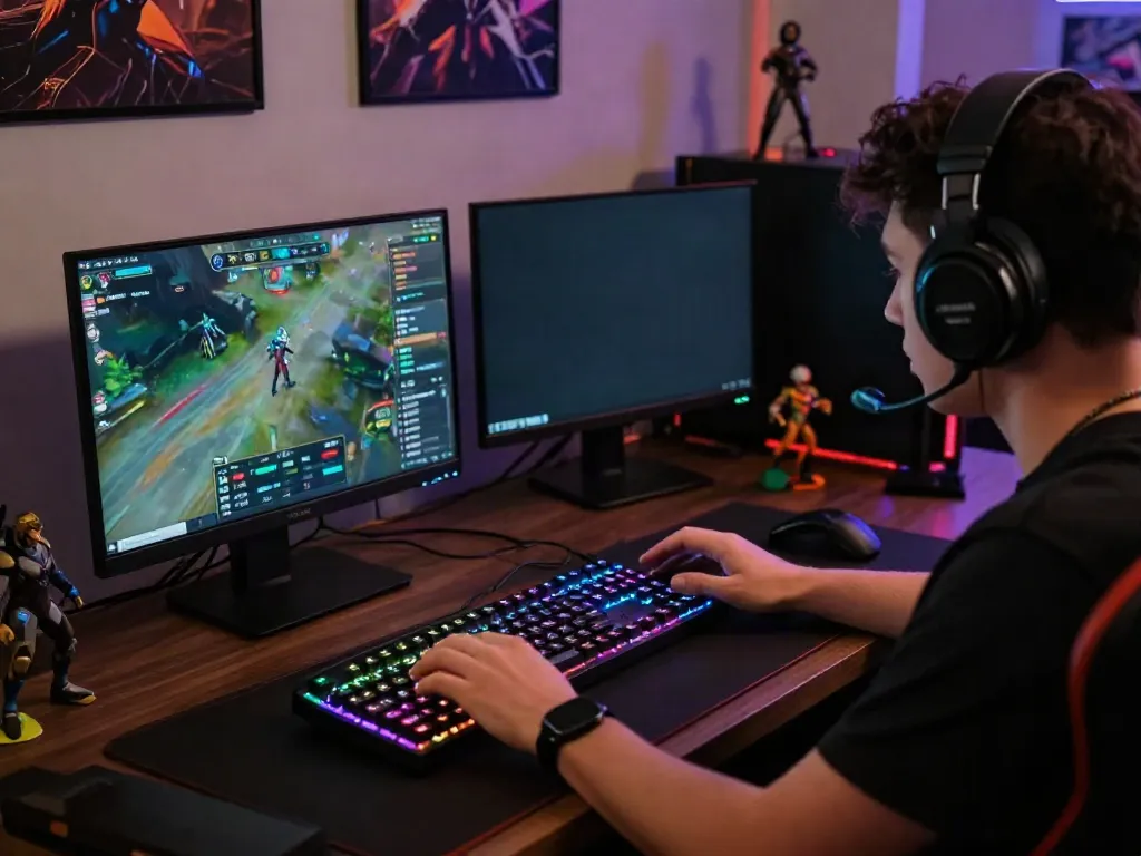 Focused gamer analyzing harga toto and gaming stats on dual monitors.