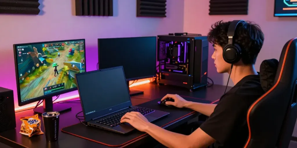 Player at a gaming setup experiencing singatoto's online gaming environment with vibrant visuals and immersive atmosphere.