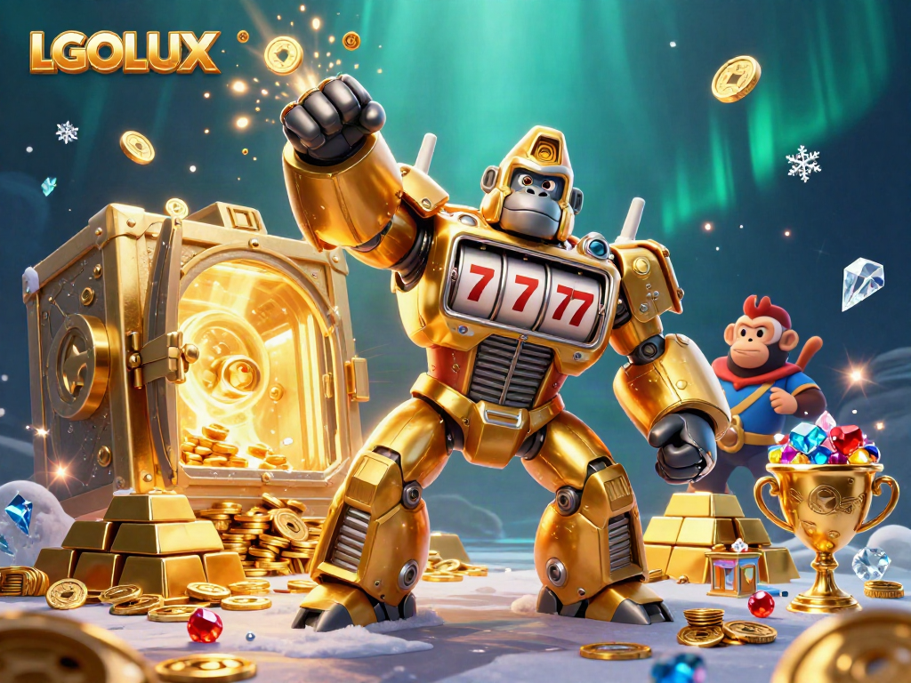 Experience thrilling wins with the LGOLUX golden gorilla mech surrounded by jackpots and treasures.