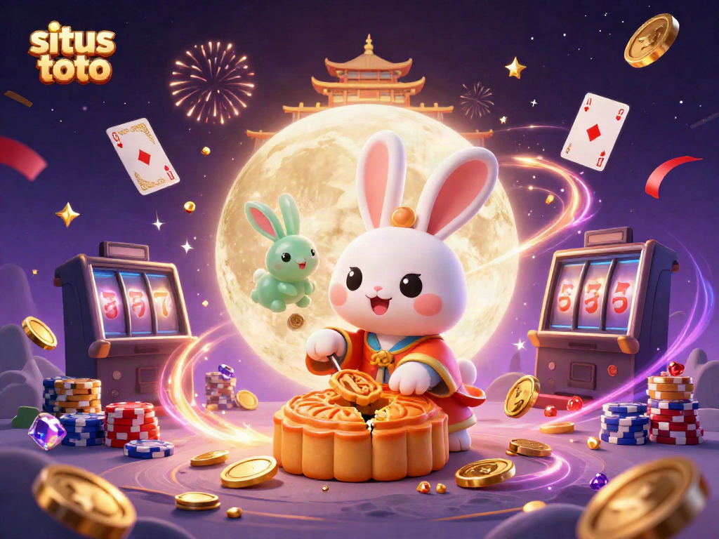 Experience the excitement of situs toto with a whimsical moon rabbit revealing poker chips in a dynamic casino scene.