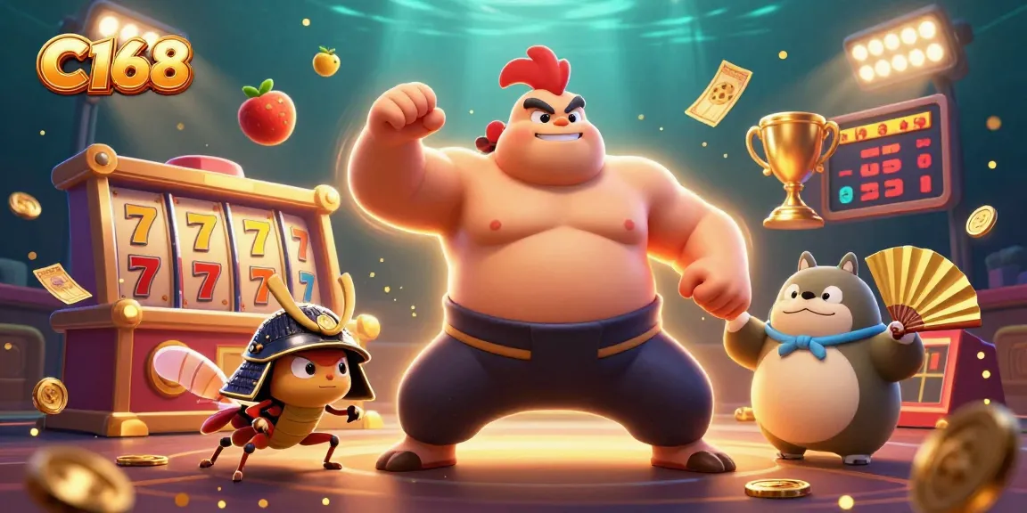 C168 slot game illustration showcasing dynamic characters and vibrant casino elements in action.