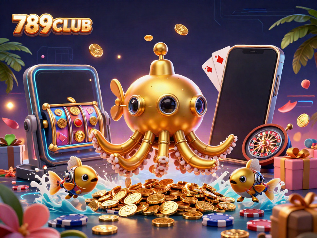 Join the adventure at 789CLUB with a vibrant 3D scene featuring an animated kraken submarine surrounded by casino elements.