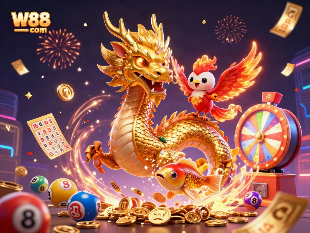 Engage in winning chances with W88 com, featuring a dragon, phoenix, and koi amidst lively casino elements.