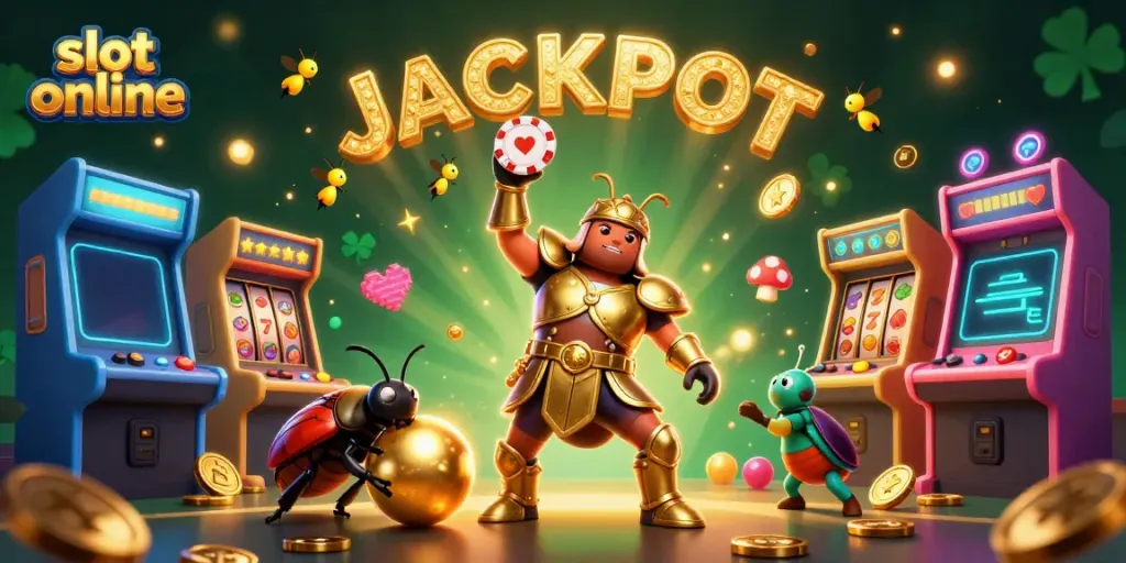 Experience thrilling slot online action as beetles celebrate a jackpot win amidst neon tokens.