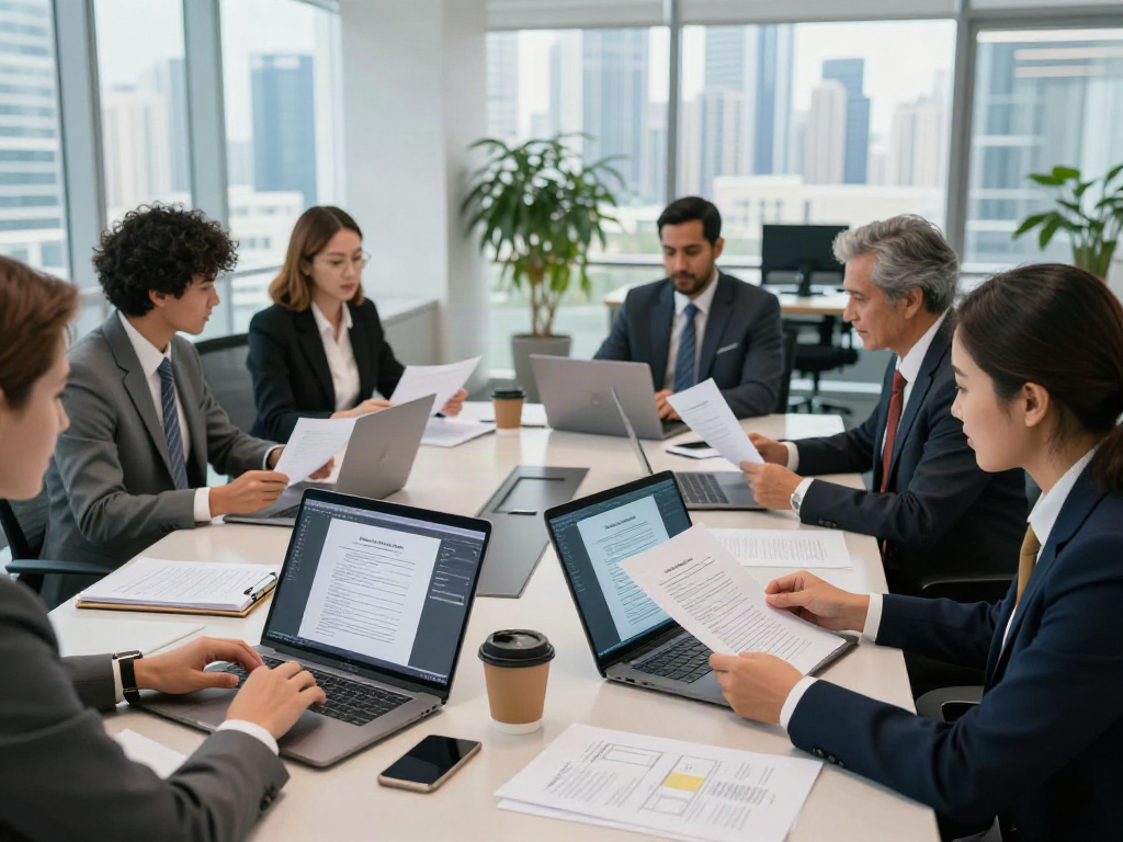 Judicial Support Services in Dubai team discussing legal matters in a modern office