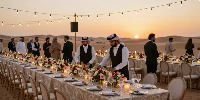 Event rentals setup for a luxurious outdoor banquet in Saudi Arabia during sunset.