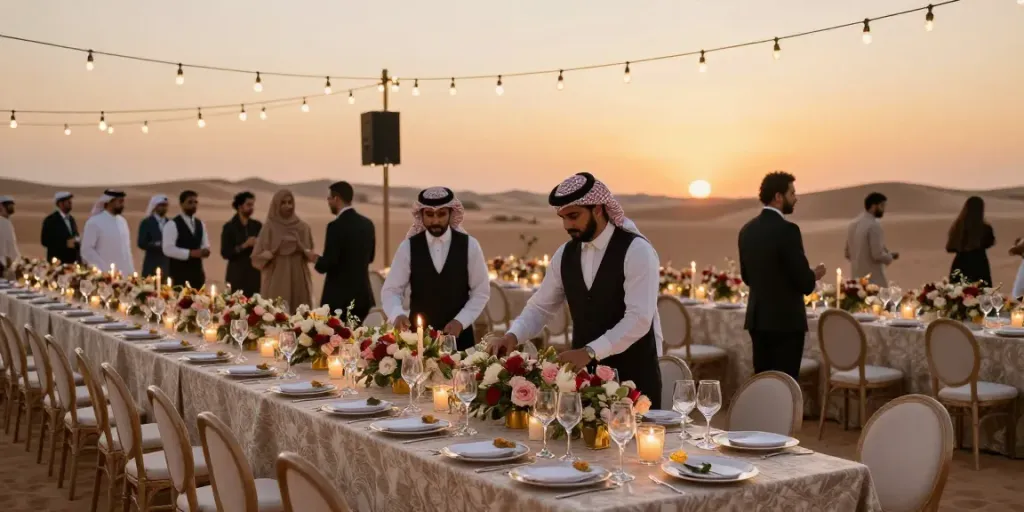 Event rentals setup for a luxurious outdoor banquet in Saudi Arabia during sunset.