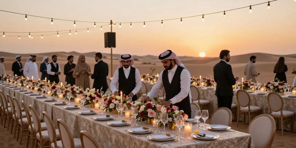 Event rentals setup for a luxurious outdoor banquet in Saudi Arabia during sunset.