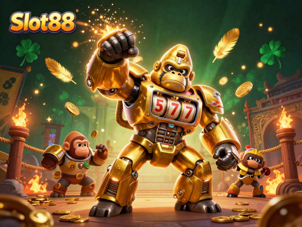 Experience thrilling wins with Slot88 in this captivating casino-themed illustration featuring a golden gorilla mech.