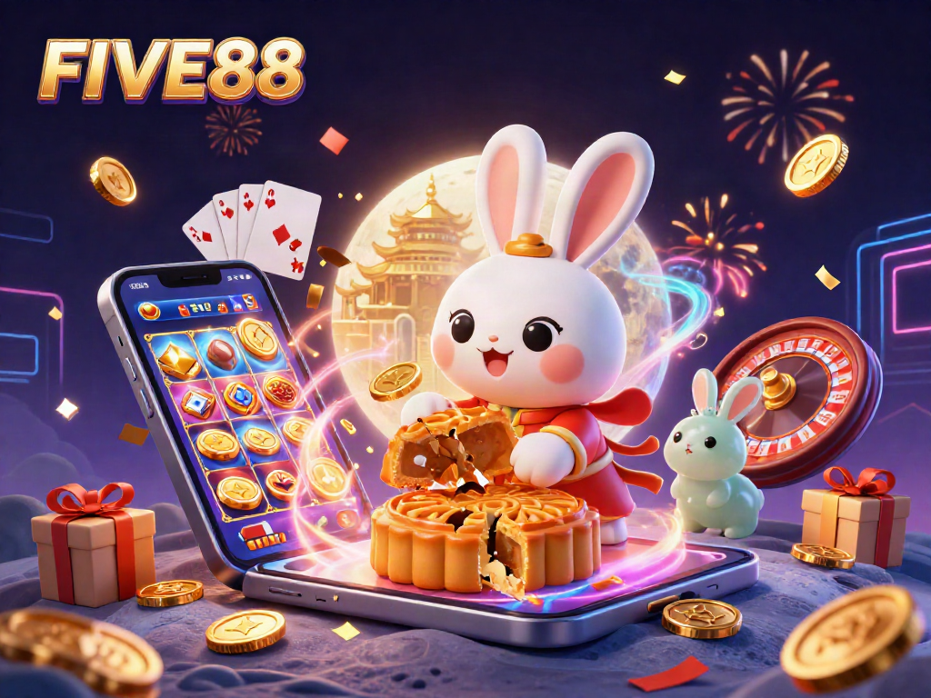 Engage in vibrant casino adventures with FIVE88, showcasing a lunar-themed 3D illustration with poker chips and games.