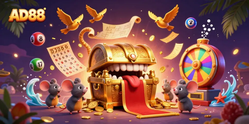 Experience exciting gaming adventures with AD88's illustrative treasure chest, mice, and colorful gameplay elements.