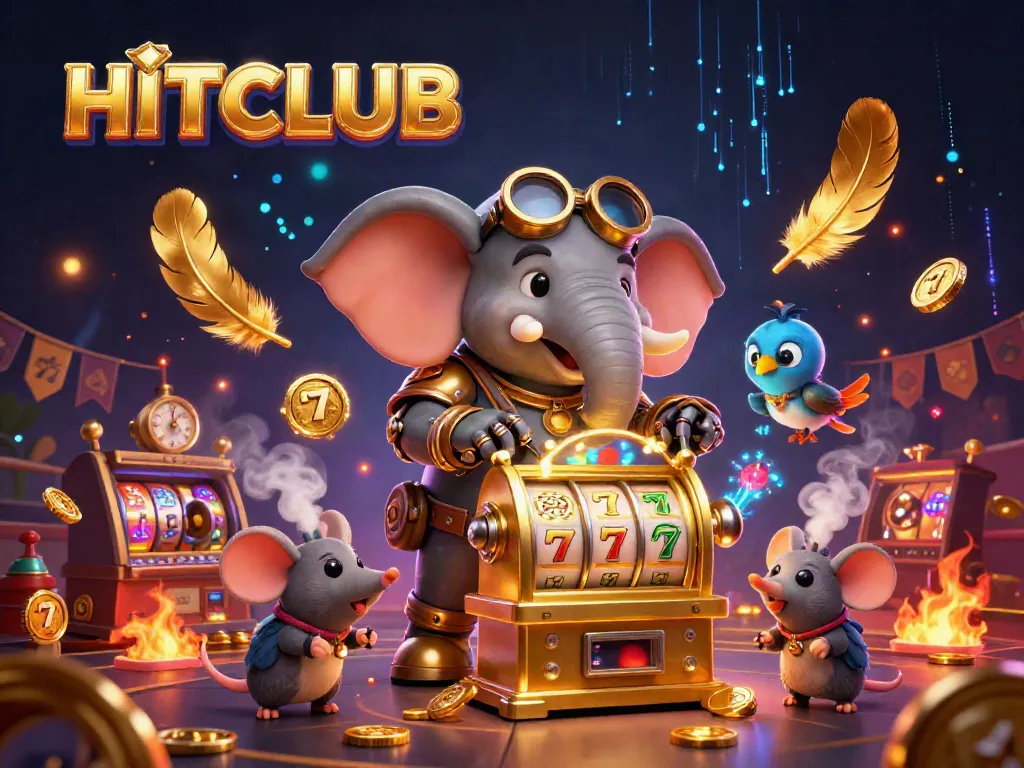 Experience HITCLUB gaming magic with a steampunk elephant and vibrant casino elements.