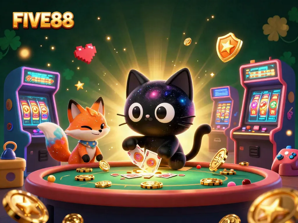 Experience the thrill of FIVE88 with a cosmic casino illustration featuring a black hole cat and nebula fox amidst vibrant gaming elements.