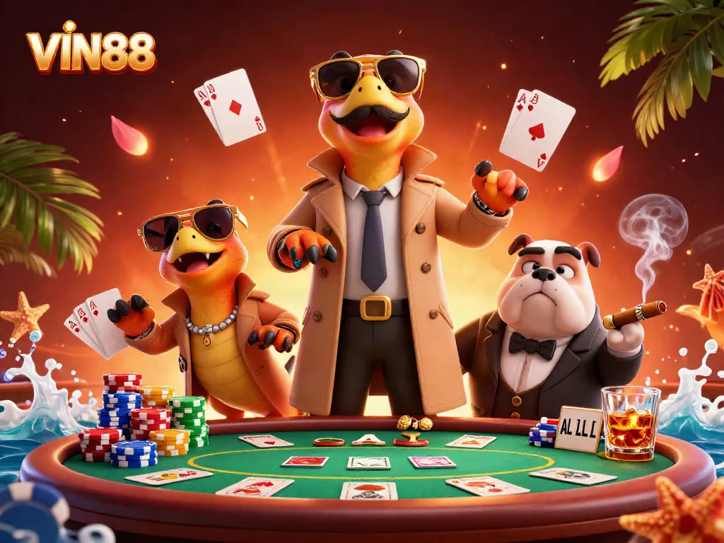 Enjoy a vibrant gaming scene at VIN88 with playful raptors entering a VIP casino lounge.