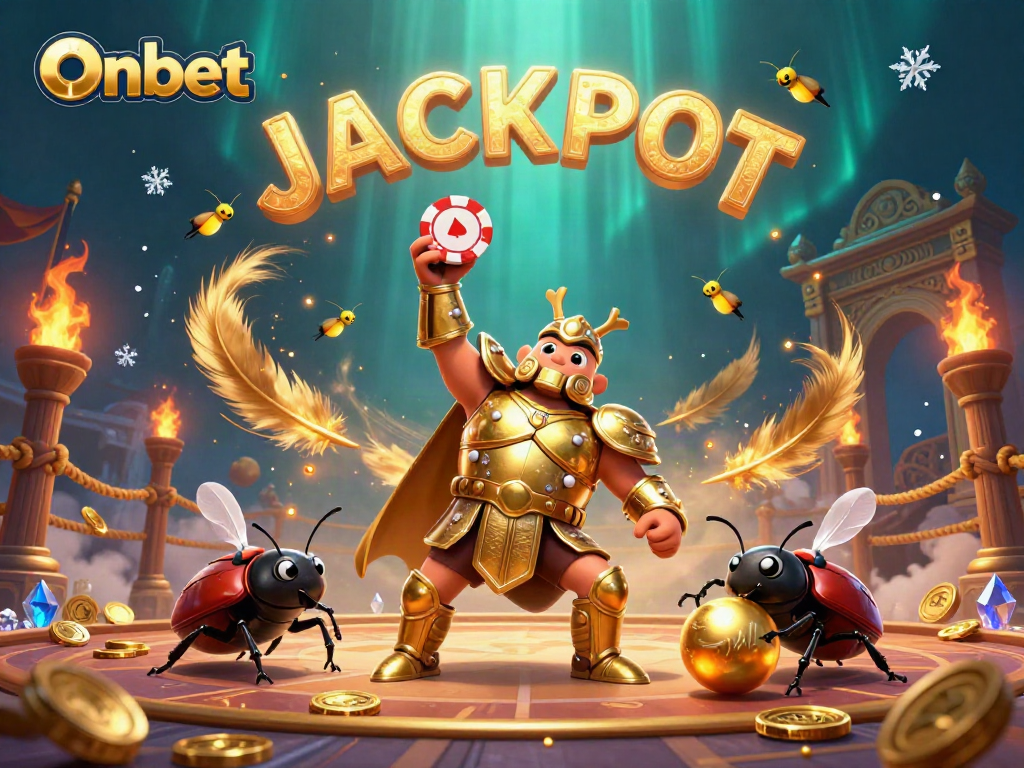 Experience the thrill of Onbet with a cartoon hercules beetle in golden armor lifting a poker chip amidst vibrant casino elements.