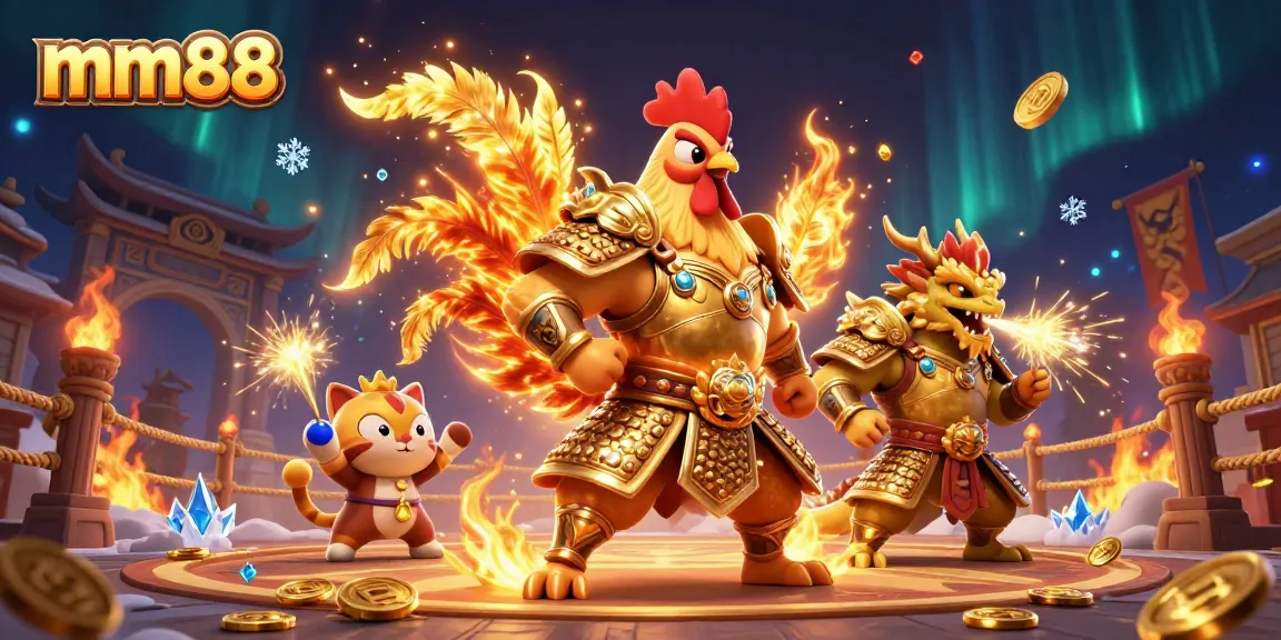 mm88 players winning big in a vibrant 3D cartoon casino arena with heroic characters.