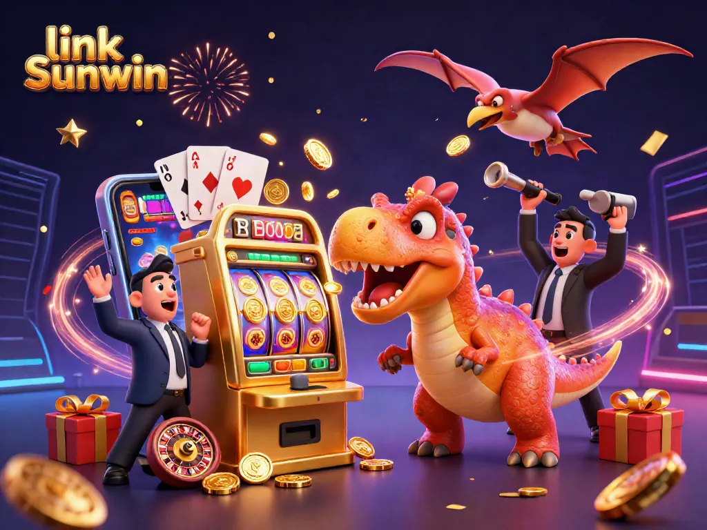 Experience thrilling wins with link Sunwin as dinosaurs celebrate a jackpot in a dynamic casino scene.