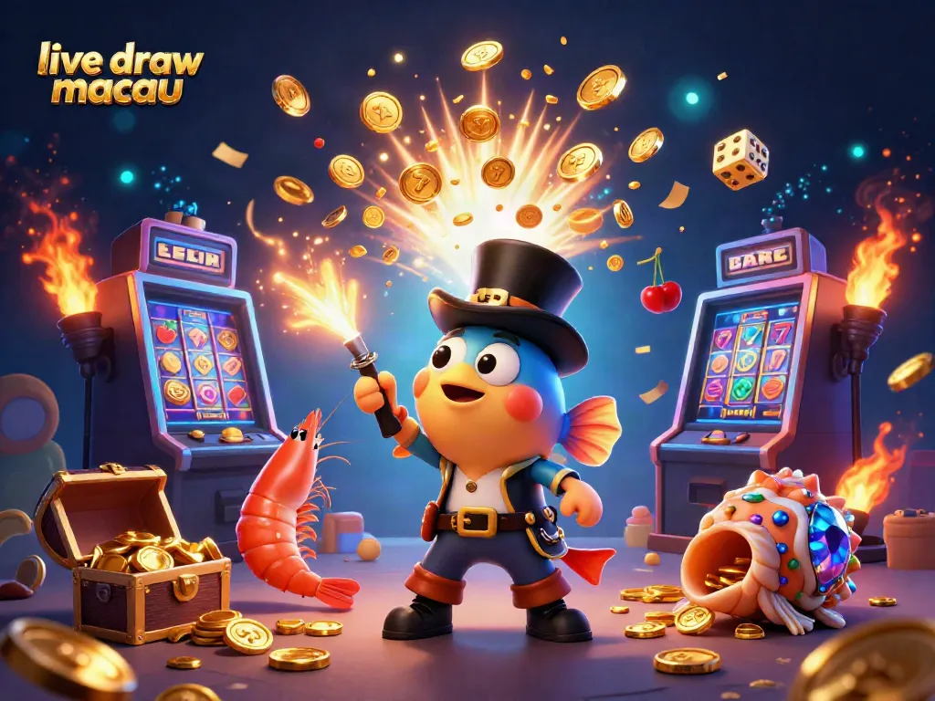 Menangkan kesempatan Anda dengan live draw macau, slot dan simbol keberuntungan mengelilingi karakter unik di dunia perjudian.