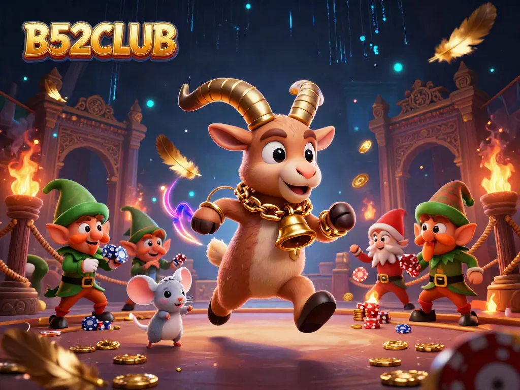 B52CLUB showcases an engaging casino scene with Krampus, an angel mouse, and mischievous elves amidst an exciting gaming atmosphere.