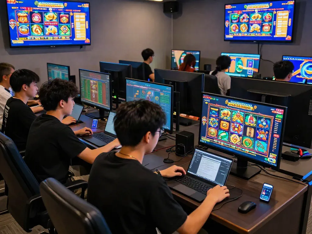 Diverse players enjoying Slot MAHJONGJP88 in a modern gaming lounge.