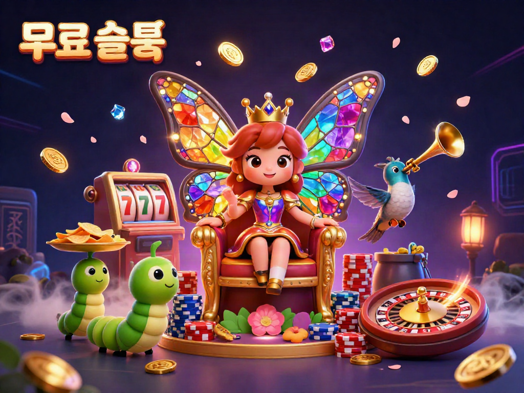 Experience the excitement of 무료슬롯 with a vibrant 3D scene featuring a butterfly queen, cascading treasures, and lively gambling elements.