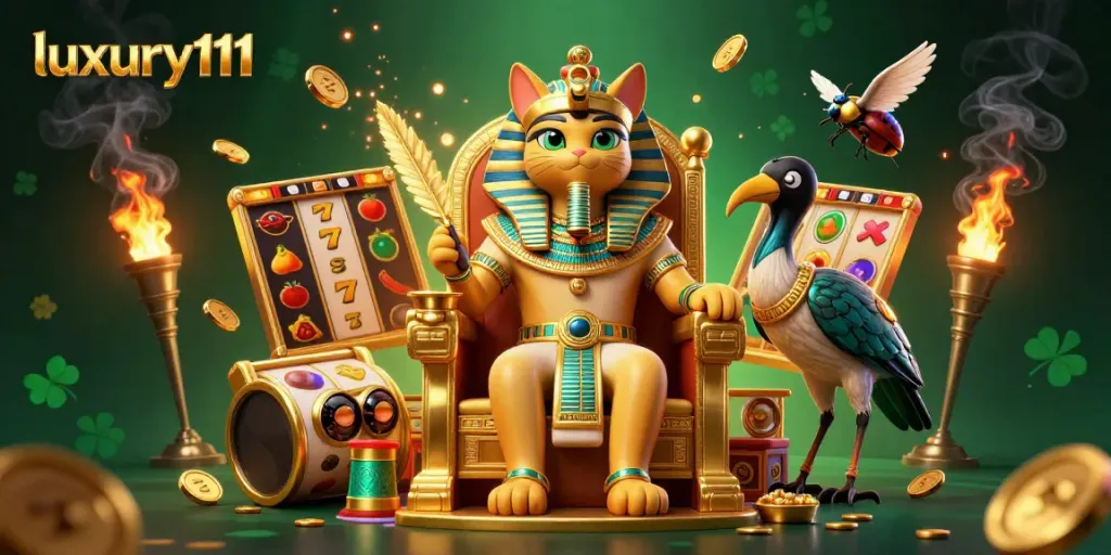 Play exciting slot games with luxury111, featuring an Egyptian-themed casino scene bursting with energy.