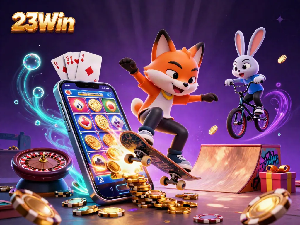Experience the thrill of gaming at 23Win with a vibrant 3D casino illustration.