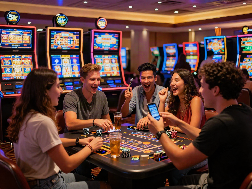 Friends enjoying the slot depo 5k experience with excitement at a casino.