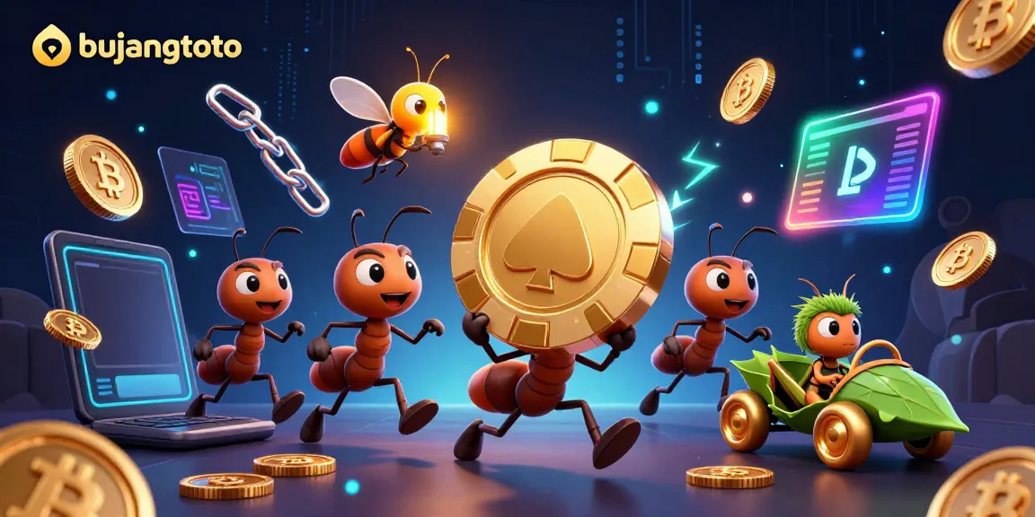 Ants carrying a golden poker chip in a dynamic gambling-themed scene showcasing bujangtoto.