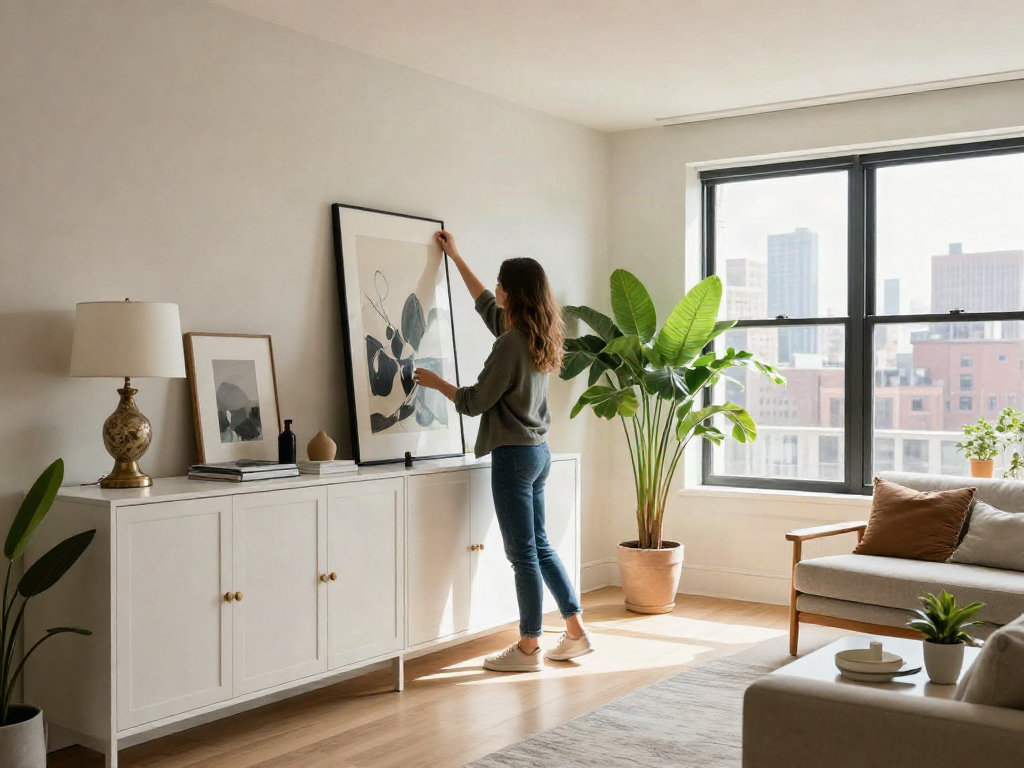 interior designer brooklyn stylish woman arranging custom furniture in modern apartment