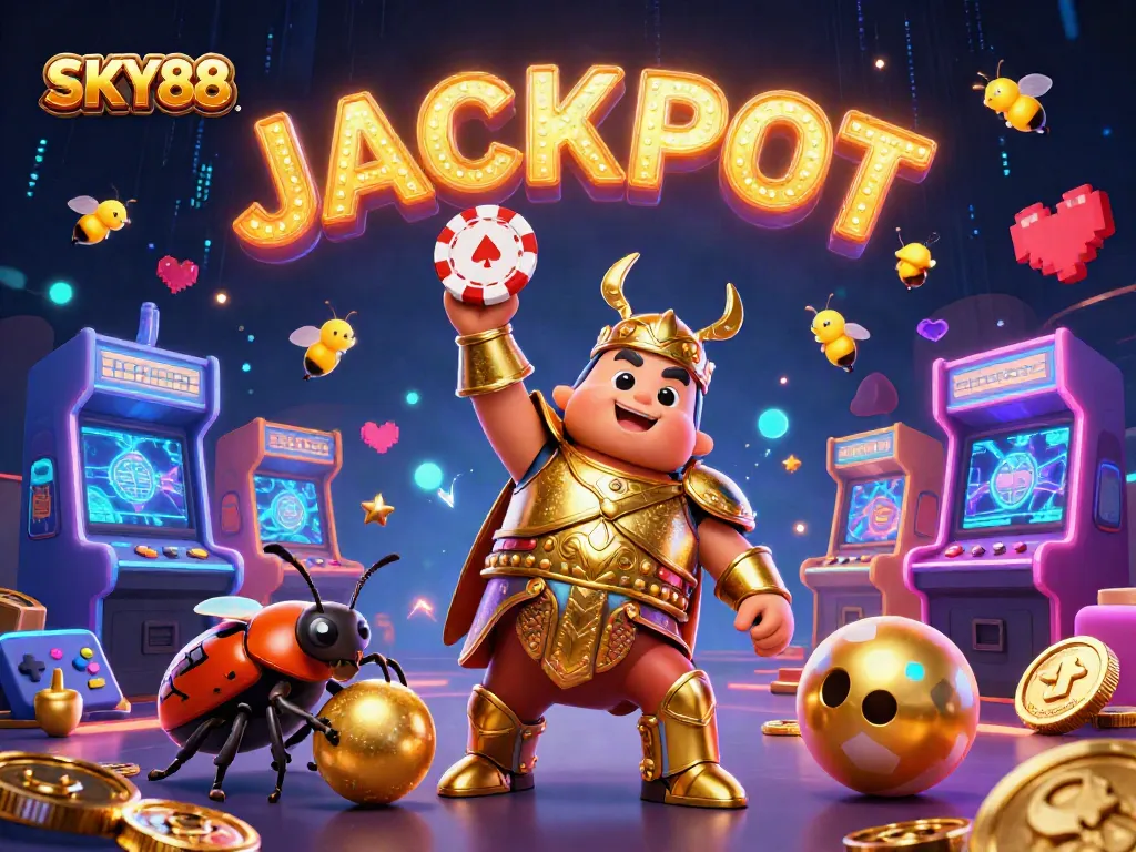 SKY88 boosts excitement with a victorious beetle lifting a poker chip amidst vibrant casino elements.